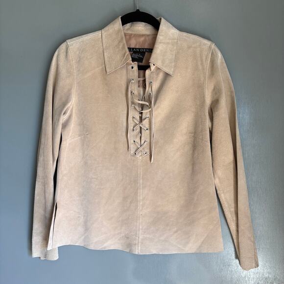 ALLAN DENIS Women's Small Beige Leather Long Sleeve Lace-Up Blouse Pirate Boho - Picture 1 of 8